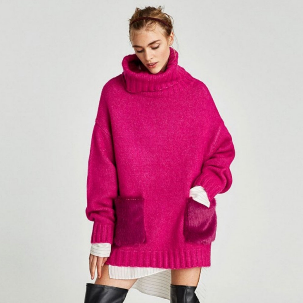 Zara Pink Oversized Ribbed Faux Fur Turtleneck Alpaca Knit Sweater - Picture 1 of 11